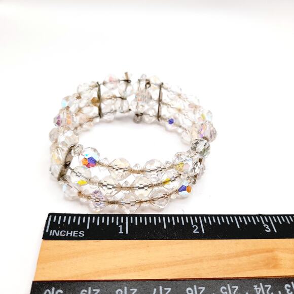 Vintage 1950s Aurora Borealis Crystal Beaded Bracelet, 3-Row Memory Wire Jewelry - Picture 9 of 11